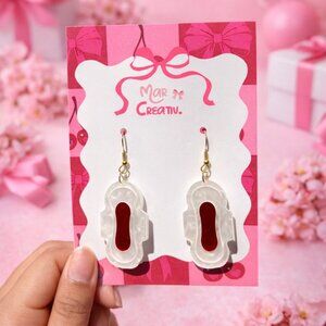 White & Red Sanitary Pad Earrings | Novelty Statement Dangles